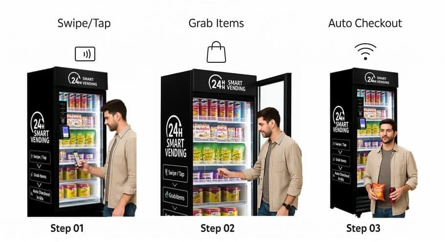 Swipe or tap, grab your items, and auto checkout at an AI smart cooler